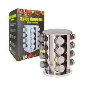 ✨ Especiero Giratorio "Spice Carousel" de Acero Inoxidable con 16 Frascos de Vidrio y Etiquetas Personalizables - ¡Tu Cocina Organizada! 🌿
